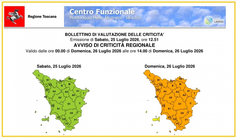 Allerta meteo codice Arancio dalla mezzanotte alle 14 del 26 luglio