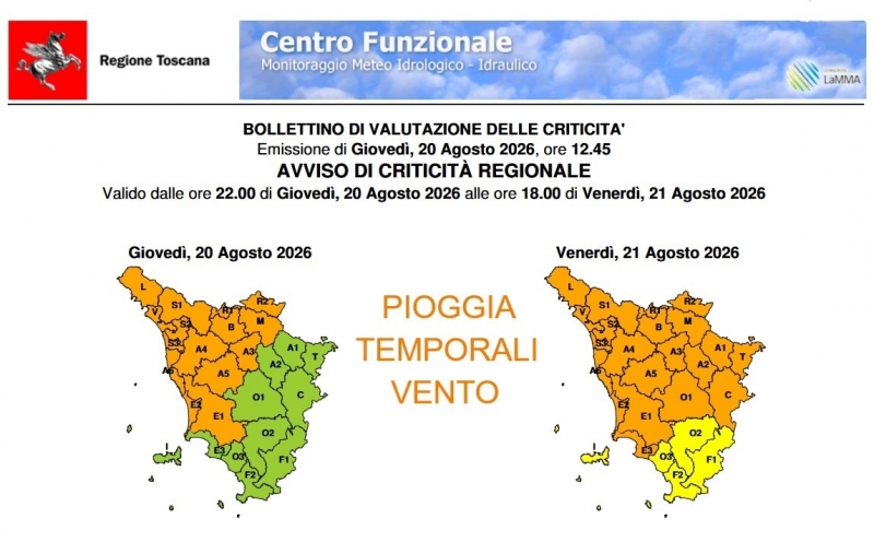Allerta meteo codice Arancio dalle 22 di gioved� 20 alle 18:00 di venerd� 21 agosto - Aggiornamento delle ore 22:00