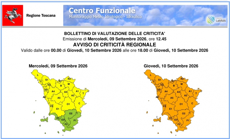 Allerta meteo codice Giallo e Arancio per oggi 09/09/26 e domani 10/09/26: informazioni e norme di comportamento