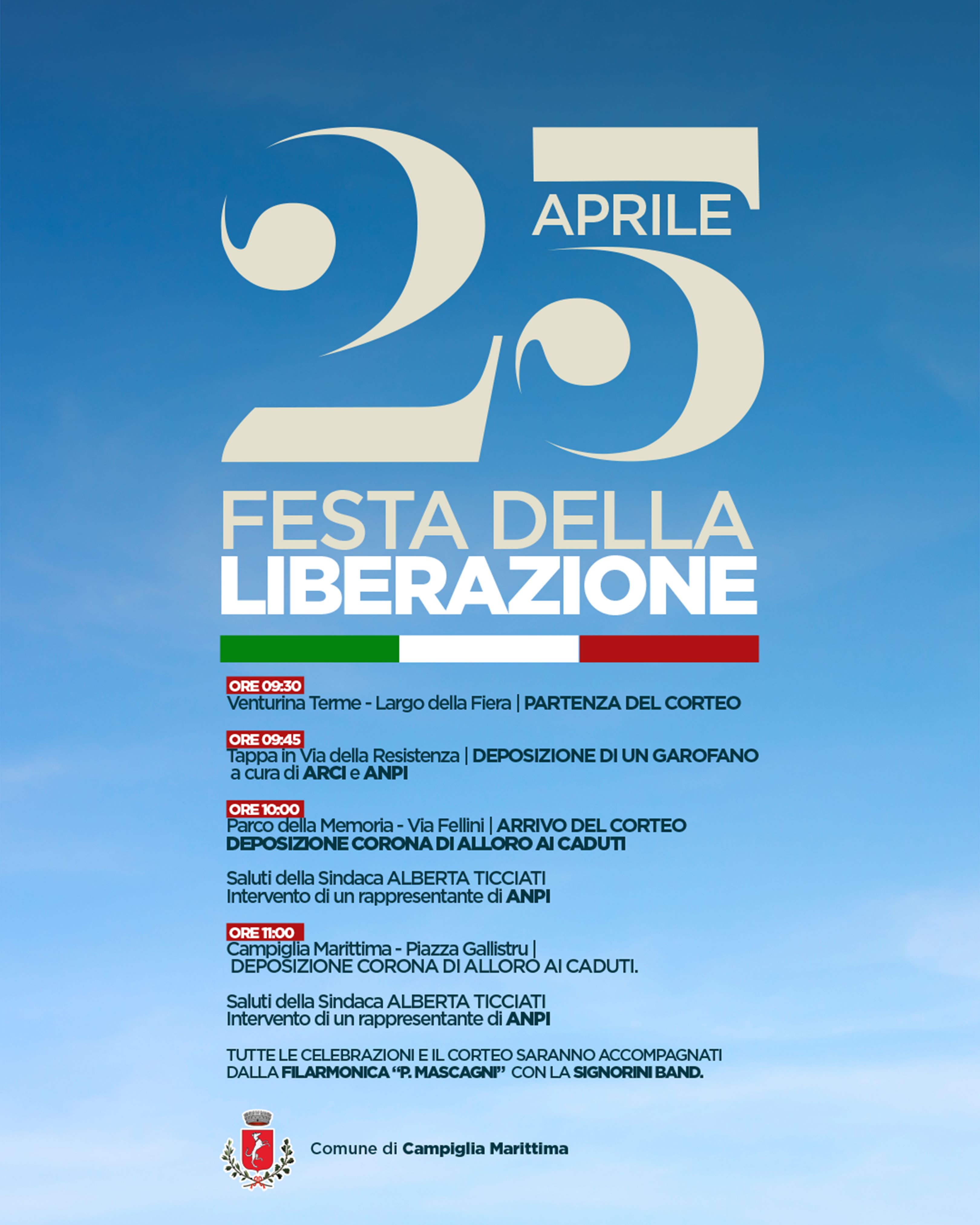 locandina con il programma. Grafica con cielo azzurro e data in primo piano